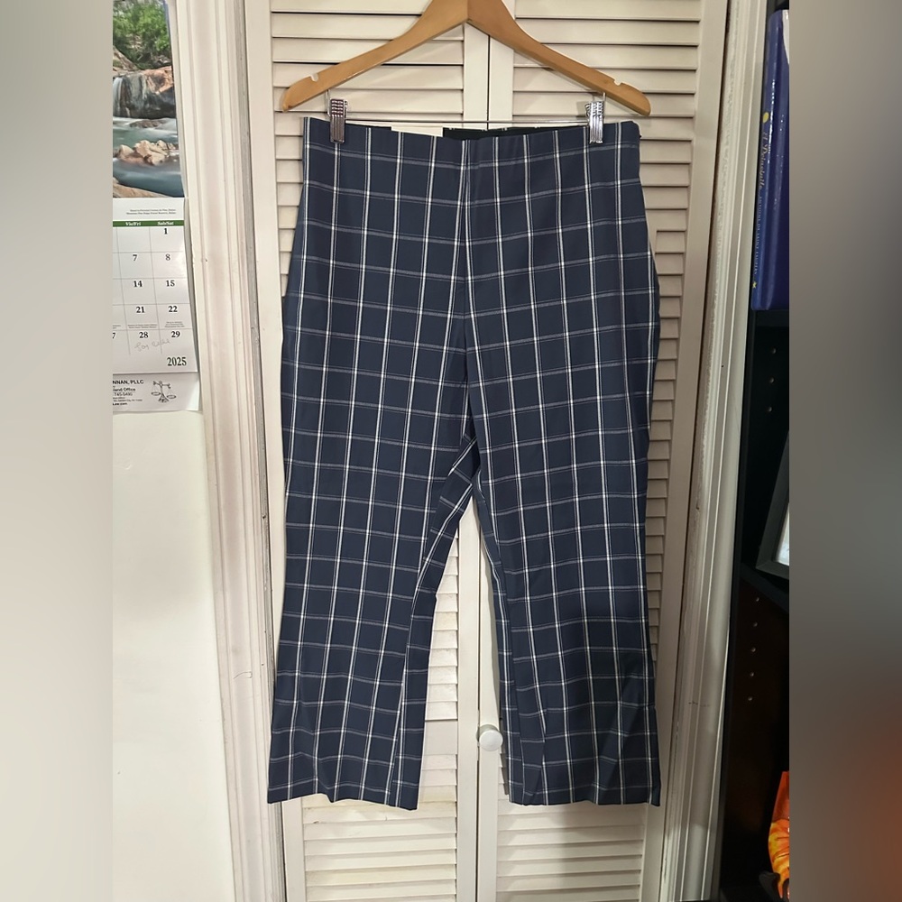 A New Day Pants Womens 16 Blue Check High Waist Crop Kick Flare Stretch Pull On